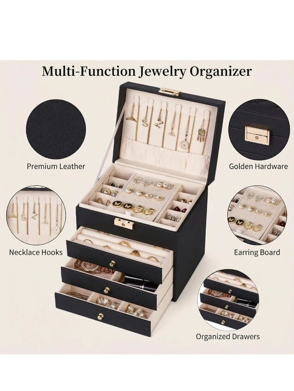 Black Jewelry Box with Cream Interior - Elegant Multi-Tier Organizer
